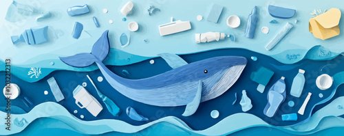 Paper cut whale in polluted water, plastic in the sea, vector environment and ecology. Blue whale swimming in 3d origami ocean sea waves among papercut plastic bottles, bags, cups and drinking straws