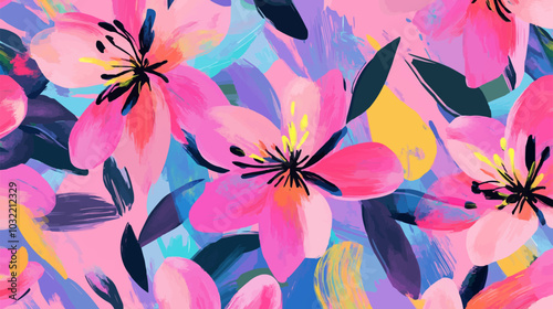 Cute abstract flowers print. Modern cartoon style pattern. Fashionable template for design. Pink flower pattern, with bright colorful backgrounds, vibrant acrylic colors brush strokes, vibrant florals
