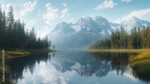 Mountain lake reflection, clear sky.