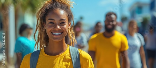 Happy young woman with dreadlocks smiling at camera while walking in a crowd of people.