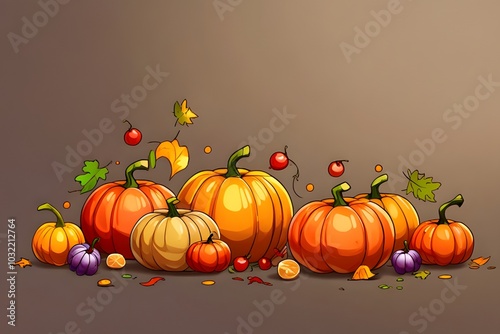 Colorful fall-themed background with a vibrant collection of pumpkins, symbolizing the festive harvest season, ideal for autumn decorations or seasonal graphics