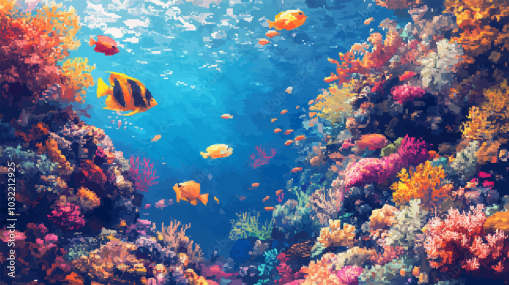 Fototapeta premium Pixelated underwater scene with colorful fish swimming among coral reefs.