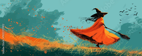 Witch holding a broomstick. Vector flat isolated.