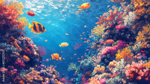 Pixelated underwater scene with colorful fish swimming among coral reefs.