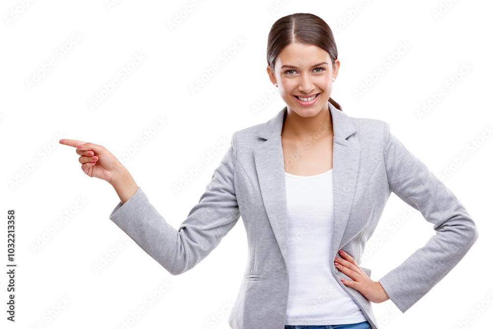 Happy, pointing and portrait of businesswoman in studio with mockup space for marketing or advertising. Smile, presentation and finance advisor with investment decision or option by white background. Happy, pointing and portrait of businesswoman in studio with mockup space for marketing or advertising. Smile, presentation and finance advisor with investment decision or option by white background.