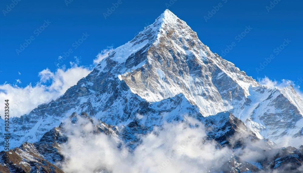 A majestic snow-capped mountain peak rises against a clear blue sky, surrounded by wispy clouds, showcasing nature's grandeur. A majestic snow-capped mountain peak rises against a clear blue sky, surrounded by wispy clouds, showcasing nature's grandeur.