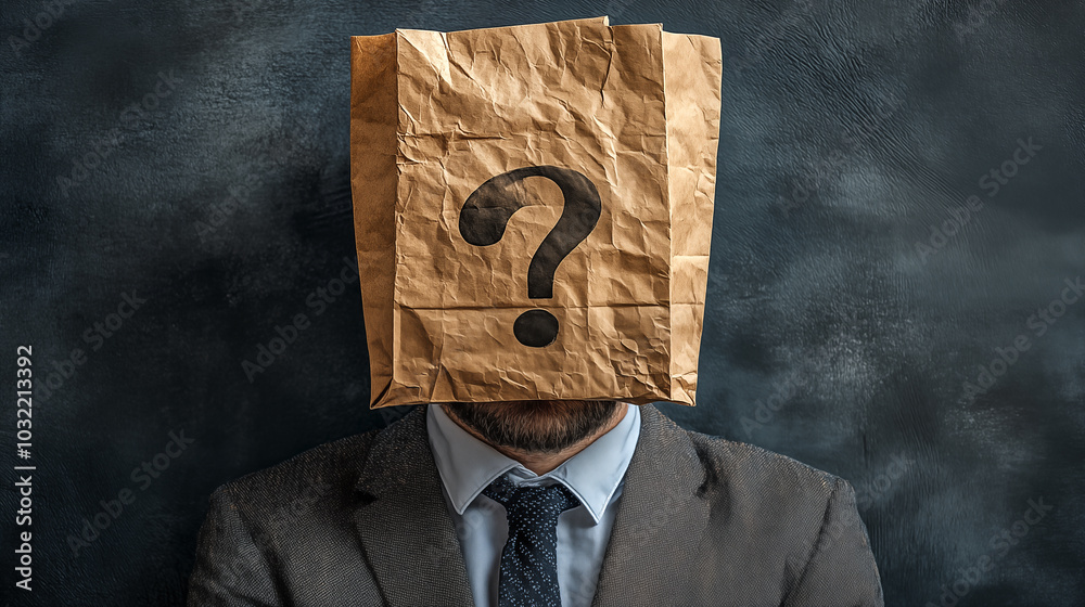 Businessman with a cardboard box on his head with a question mark Businessman with a cardboard box on his head with a question mark