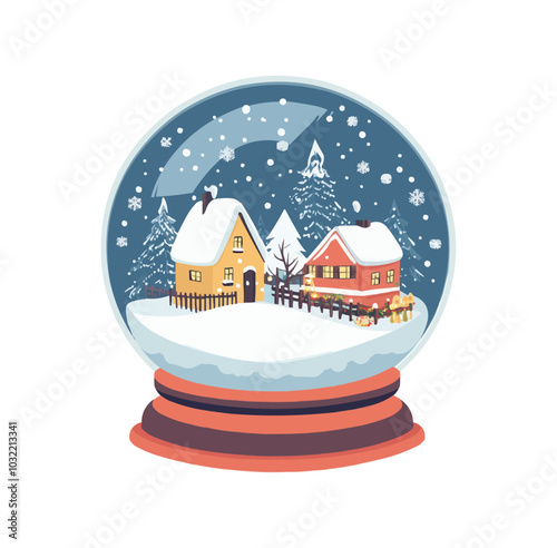 Vector of a snow globe with a mini village inside, snow swirling in the air.