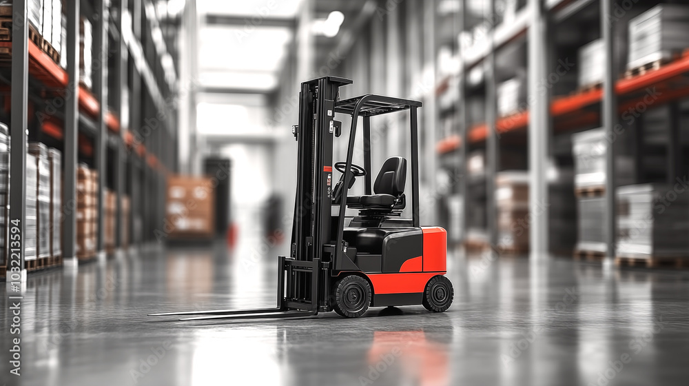 Forklift loader in warehouse. 3d render. Logistics concept Forklift loader in warehouse. 3d render. Logistics concept
