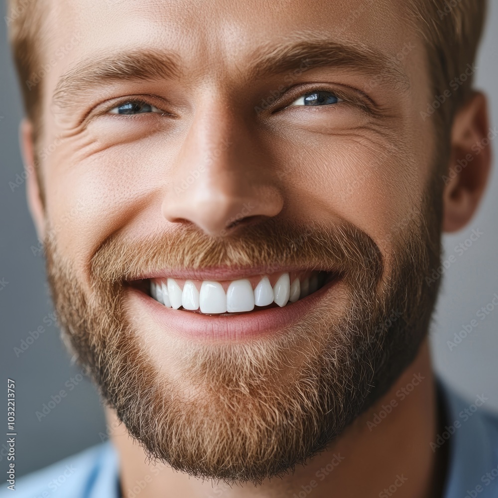 Close-Up Portrait of a Handsome Man with a Genuine Smile, Healthy Teeth, and Stylish Facial Hair Close-Up Portrait of a Handsome Man with a Genuine Smile, Healthy Teeth, and Stylish Facial Hair