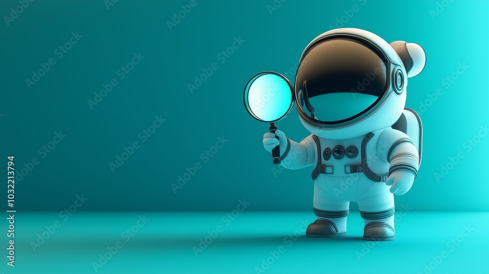 Cute astronaut holding a magnifying glass, searching for something Cute astronaut holding a magnifying glass, searching for something