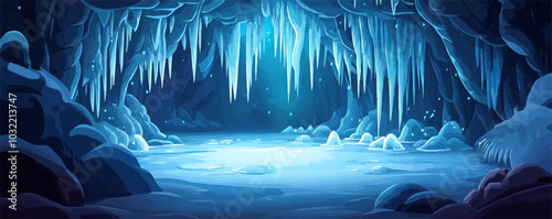 Ice cave landscape, illuminated by a glowing blue light. Cartoon vector majestic scene captures the ethereal beauty and tranquility of an untouched, natural icy cavern with frozen water and icicles