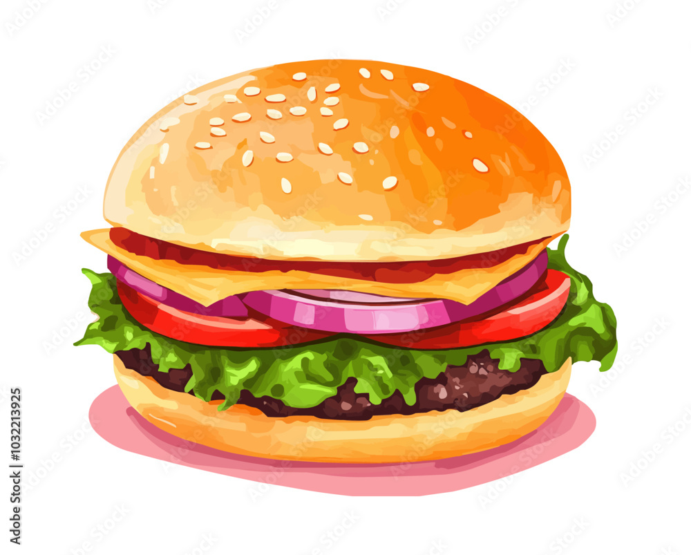 A vibrant illustration of a customizable hamburger displaying fresh ingredients, perfect for design needs, Customizable hamburger illustration