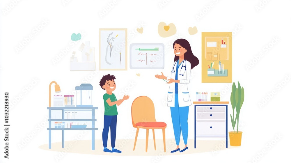 Doctor's Checkup with a Smiling Child and Caring Mother in a Pediatric Office, Focusing on Growth and Development Discussions for Children's Health and Well-Being.