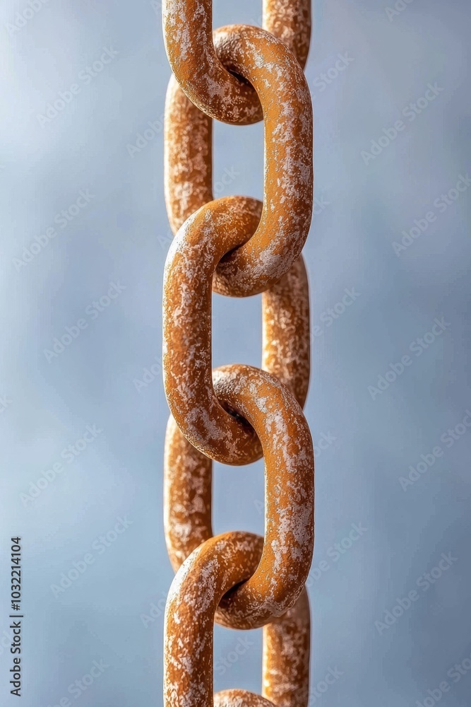 Rusty metal chain links isolated on a soft blue background, showcasing texture and detail in a striking composition for industrial themes. Rusty metal chain links isolated on a soft blue background, showcasing texture and detail in a striking composition for industrial themes.
