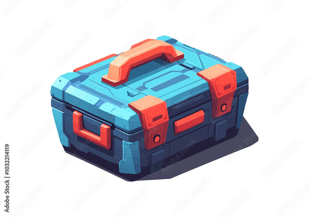 Cartoon futuristic sci fi game toolbox, space chest. Isolated vector case for storing tools and equipment with a sturdy handle, combining blue and red colors, conveys functionality and organization