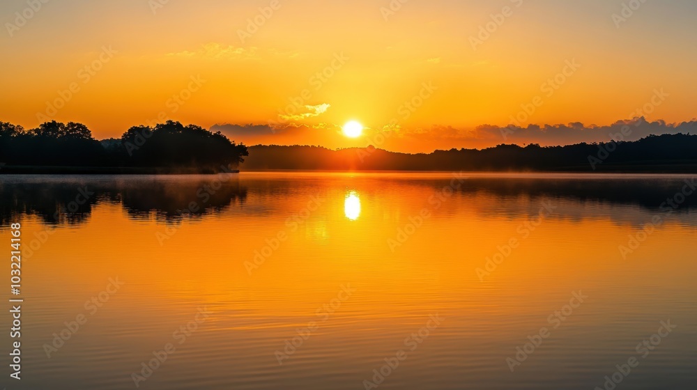Golden sunrise reflected on a calm lake. Golden sunrise reflected on a calm lake.