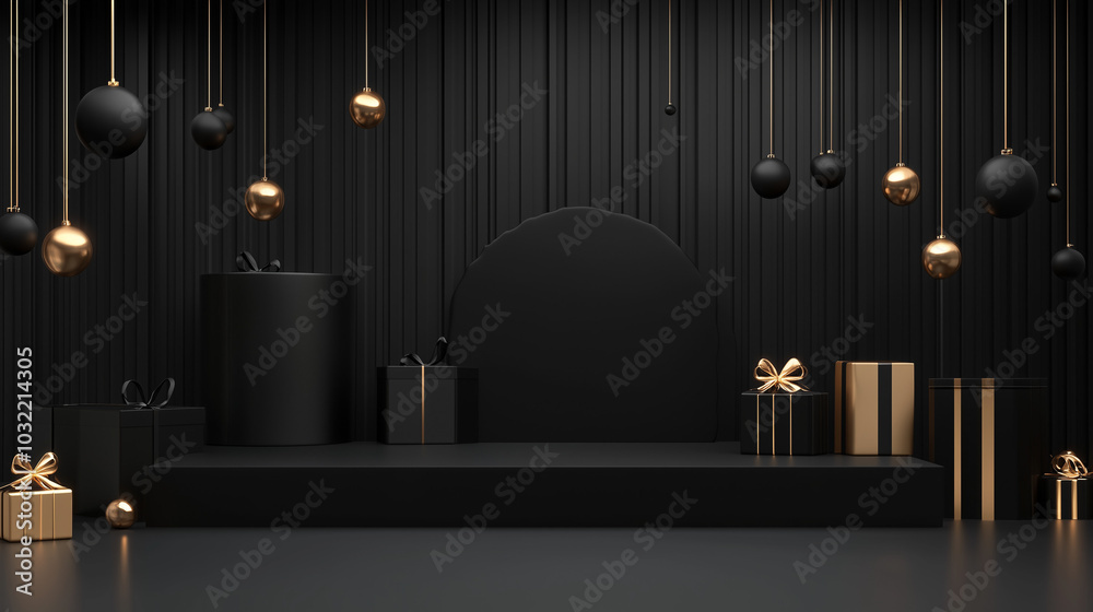 black and golden presents and chandelier in the interior