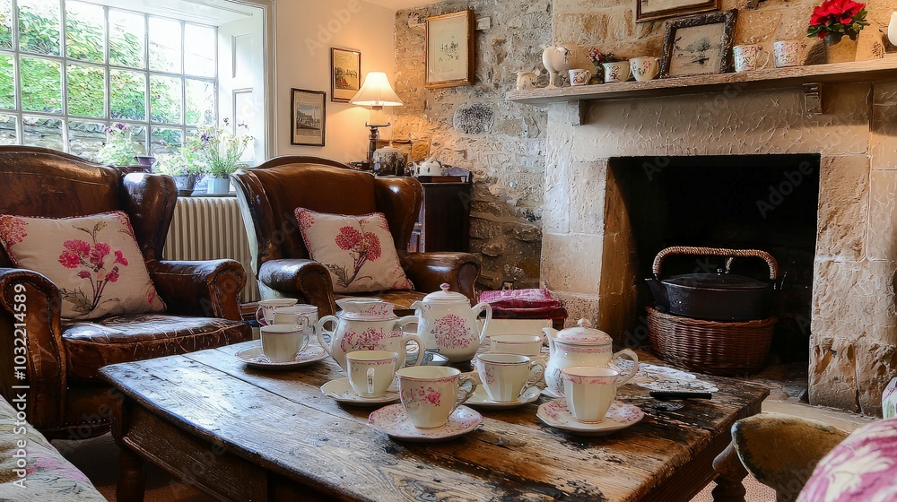 Fototapeta premium A cozy living room with a fireplace, leather chairs, and a table set for tea.