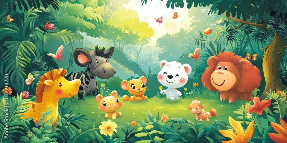 Fototapeta premium Animals and butterflies in a jungle.