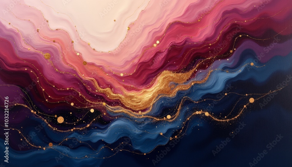 Colorful waves of pink, blue, and gold swirl together, creating a dynamic and abstract landscape that evokes energy and movement throughout the composition