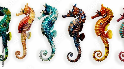 Colorful artistic seahorses on a white background, marine art concept.