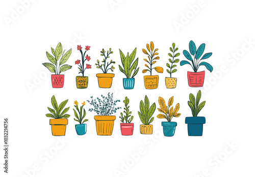 set of houseplants in flowerpots in doodle style vector