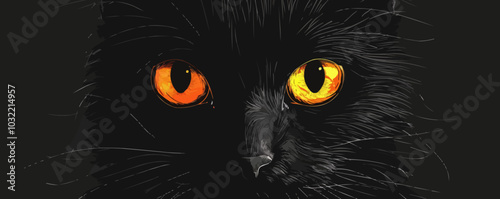 Black cat with glowing eyes. Vector flat isolated.