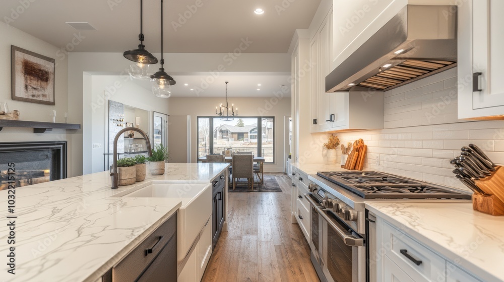 Modern kitchen with white cabinets and marble countertop. Modern kitchen with white cabinets and marble countertop.