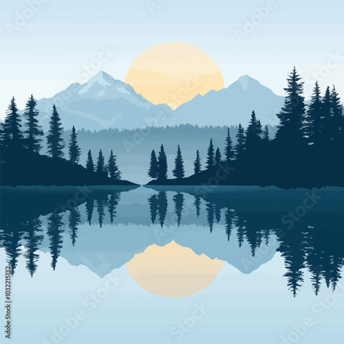 Vector of a serene mountain lake with reflections of trees and distant peaks.