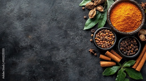 a small bowl filled with Chinese five-spice, arranged aesthetically with empty side for text