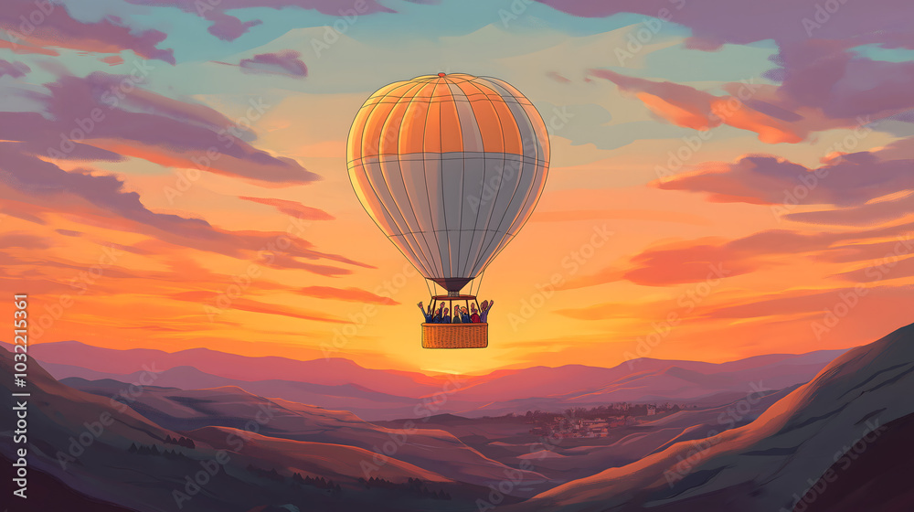 Fototapeta premium Ilustración de personas saludando a la cámara desde un globo aerostático durante un vibrante amanecer sobre un paisaje montañoso, capturando la aventura y la belleza escénica.