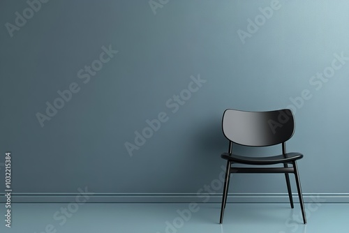 A single black chair against a blue wall.