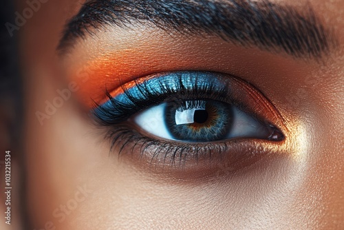 Stunning close-up of a beauty eye showcasing vibrant makeup hues of orange and blue, emphasizing captivating eyelashes and iris detail.