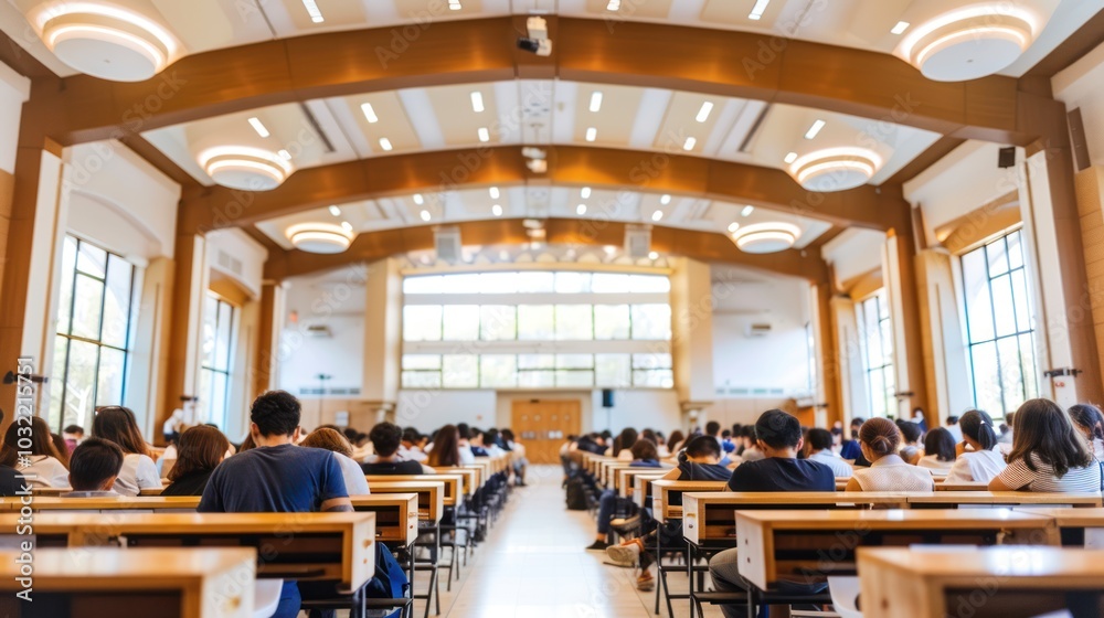Students Sitting In Rows Of Desks In A Large Auditorium Students Sitting In Rows Of Desks In A Large Auditorium