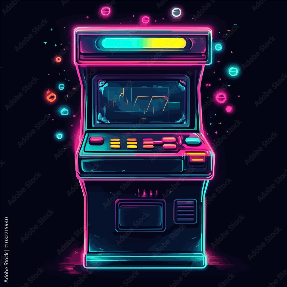Pixelated arcade machine with retro-futuristic design and vibrant neon details. Pixelated arcade machine with retro-futuristic design and vibrant neon details.