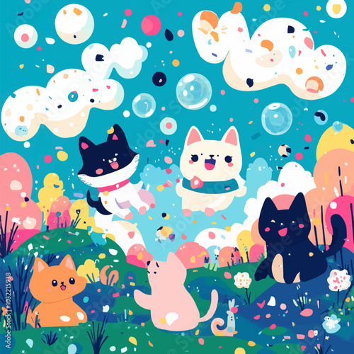 Playful scene of pets playing together in colorful, dream-like landscape with floating bubbles and confetti. Vector illustration.