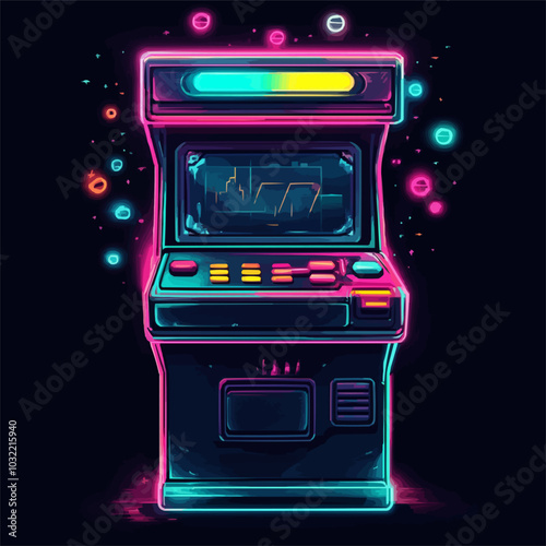 Pixelated arcade machine with retro-futuristic design and vibrant neon details.