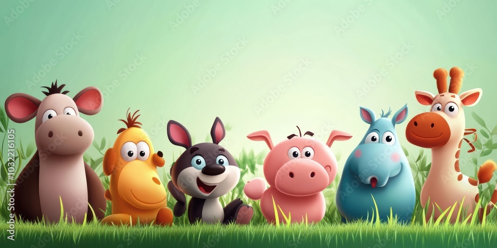 Fototapeta premium Six cartoon animals in a grassy field.