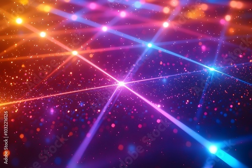 Abstract background with bright neon lines crossing in a dark space with scattered particles.
