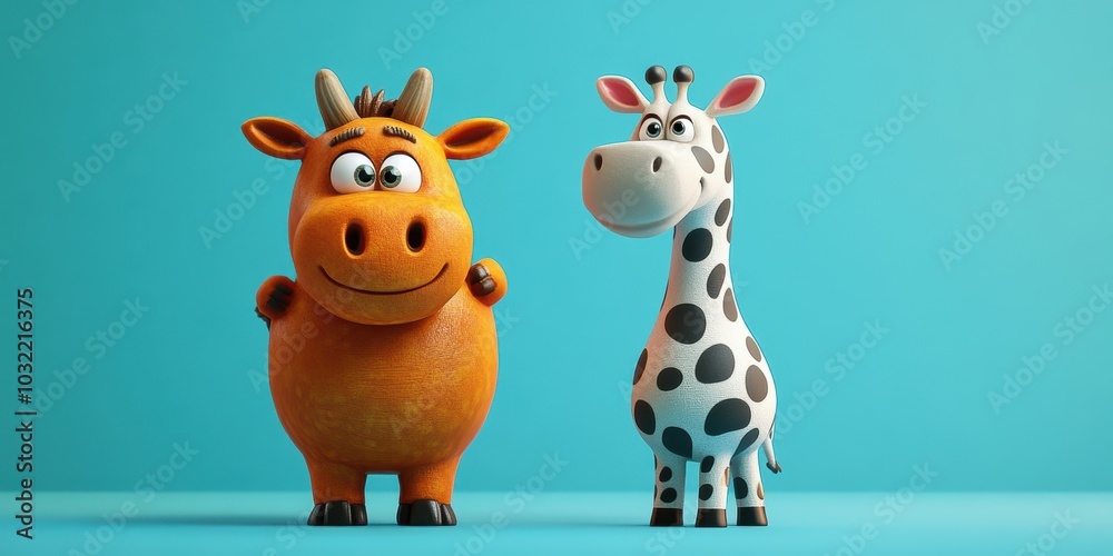 Naklejka premium Cartoon bull and giraffe on blue background.