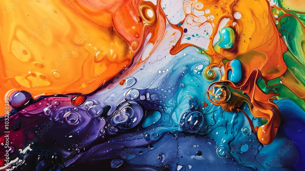 Vibrant abstract paint splash with bubbles, dynamic color mix. Creative art and design concept.