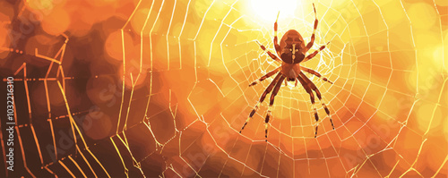Spider web with a spider in the center. Vector flat isolated.