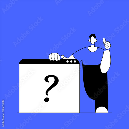 Confused man in web doubt, uncertainty. Choice, dilemma, decision making concept. Decision, choosing between options, asking questions, requests. Flat vector illustration.
