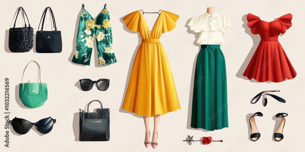 Obraz premium Women's fashion accessories and clothing layout.