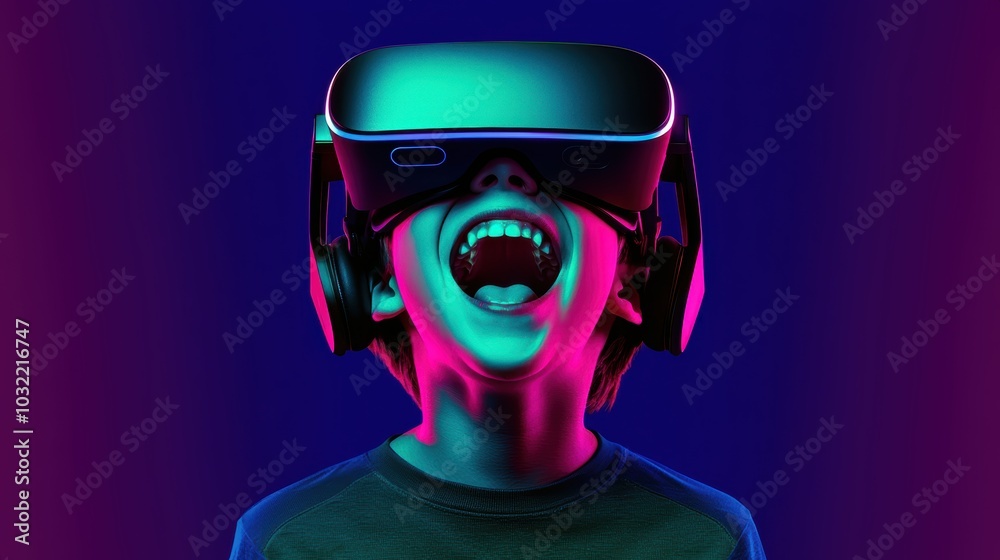 A child immersed in virtual reality, wearing a headset and headphones, expressing excitement against a vibrant, colorful background. A child immersed in virtual reality, wearing a headset and headphones, expressing excitement against a vibrant, colorful background.