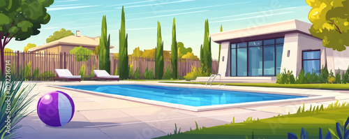 Back yard of modern luxury mansion with swimming pool, lounge chairs and inflatable ball, trees and fence in suburban neighborhood. Cartoon vector illustration of poolside area of country cottage.