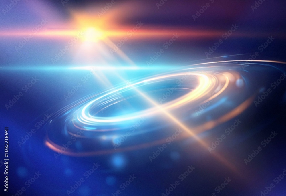 A swirling ring of light shines bright against a dark blue background with a single ray of light splitting through the ring.