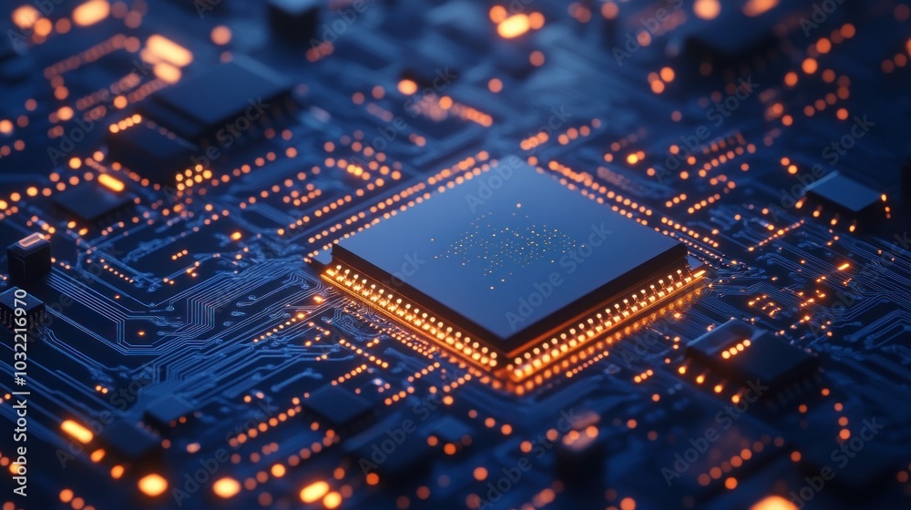 A Close-Up of a Microchip on a Circuit Board with Glowing Connections A Close-Up of a Microchip on a Circuit Board with Glowing Connections