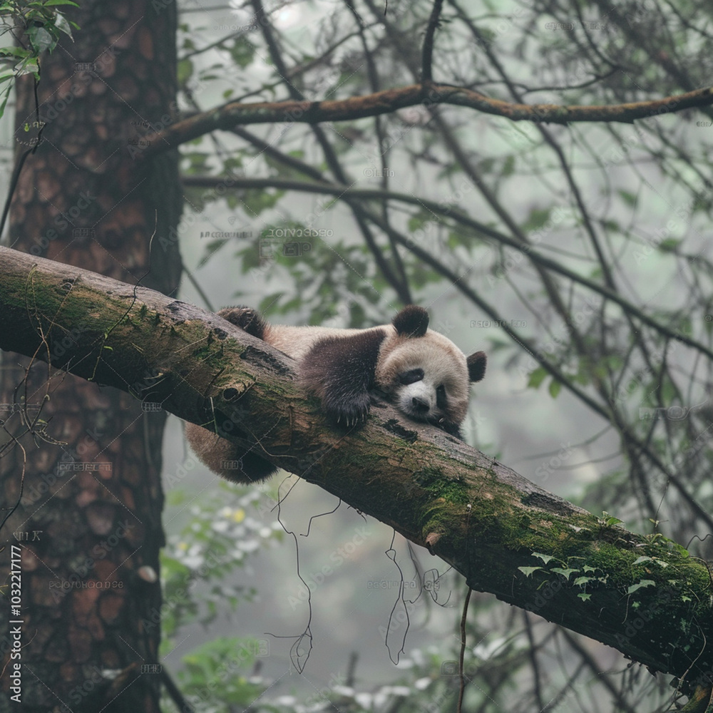 Fototapeta premium Lazy Panda Bear Sleeping on a Tree Branch, China Wildlife. Bifengxia nature reserve, Sichuan Provinc